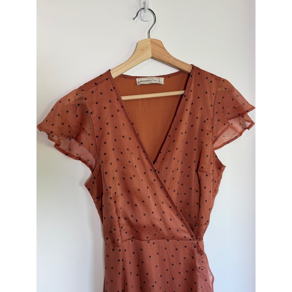 Abercrombie & Fitch Terracotta Polka Dot Wrap Midi Dress Flutter Sleeve M - Picture 2 of 8